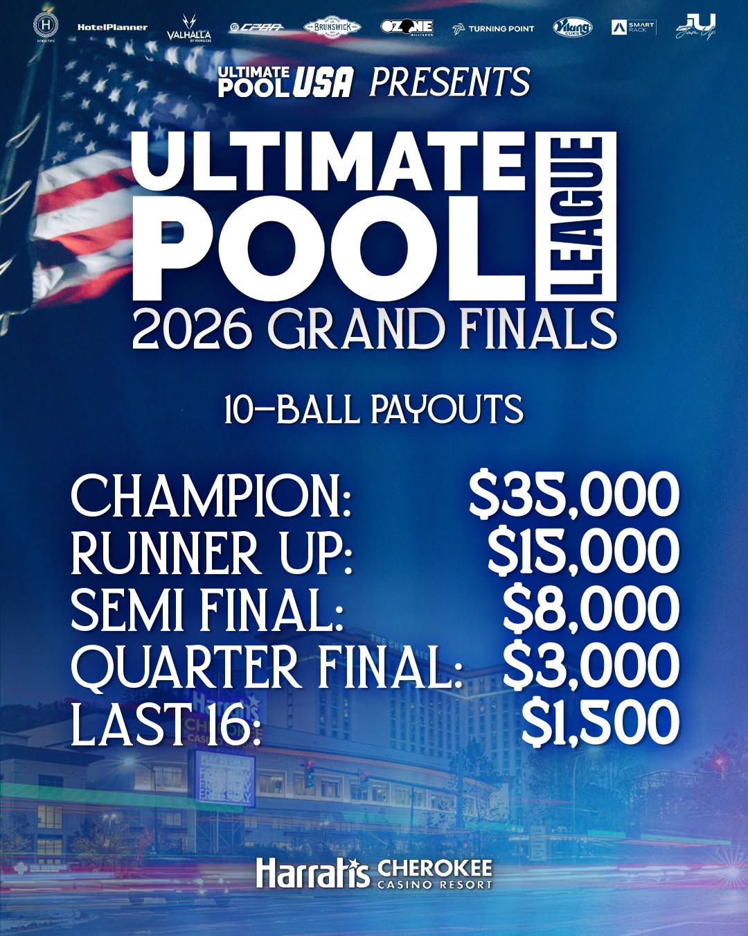 Ultimate Pool USA 2026 Grand Finals 10-Ball payouts flyer: Champion $35,000, Runner Up $15,000, Semi Final $8,000, Quarter Final $3,000, Last 16 $1,500.
