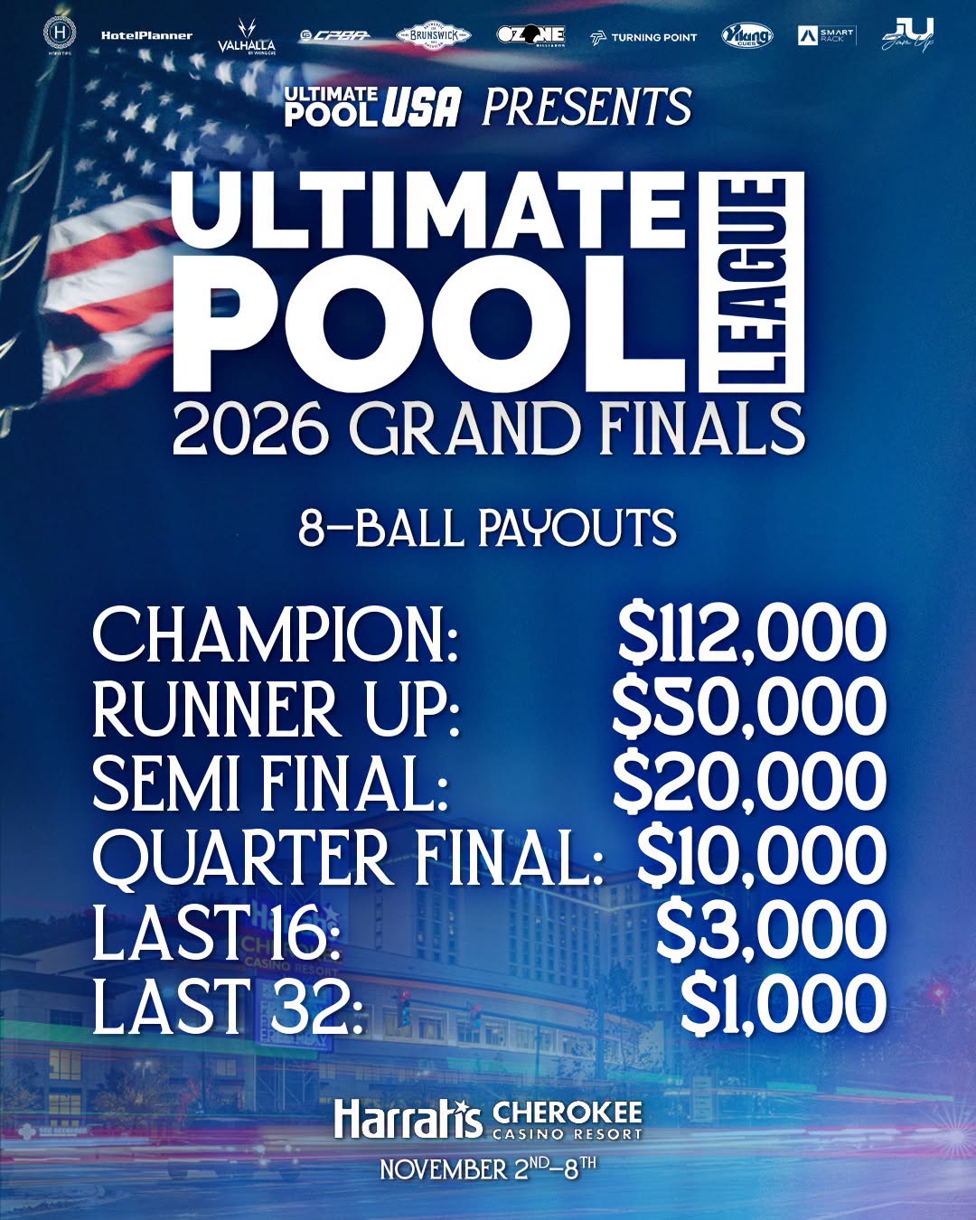 Ultimate Pool USA 2026 Grand Finals 8-Ball payouts flyer: Champion $112,000, Runner Up $50,000, Semi Final $20,000, Quarter Final $10,000, Last 16 $3,000, Last 32 $1,000.